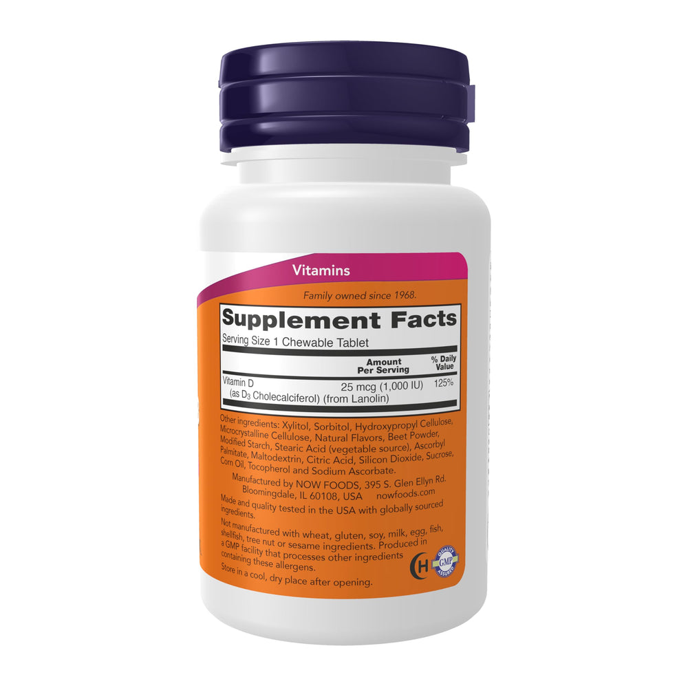 NOW Foods Vitamin D-3 chewables label detail highlights potency for immune and bone support.