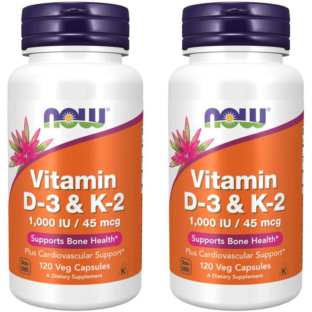 NOW Foods Vitamin D-3 & K-2 bottle with capsules for bone and heart support.