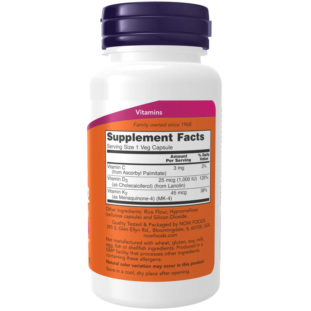 NOW Foods Vitamin D-3 & K-2 capsules close-up for daily bone support.