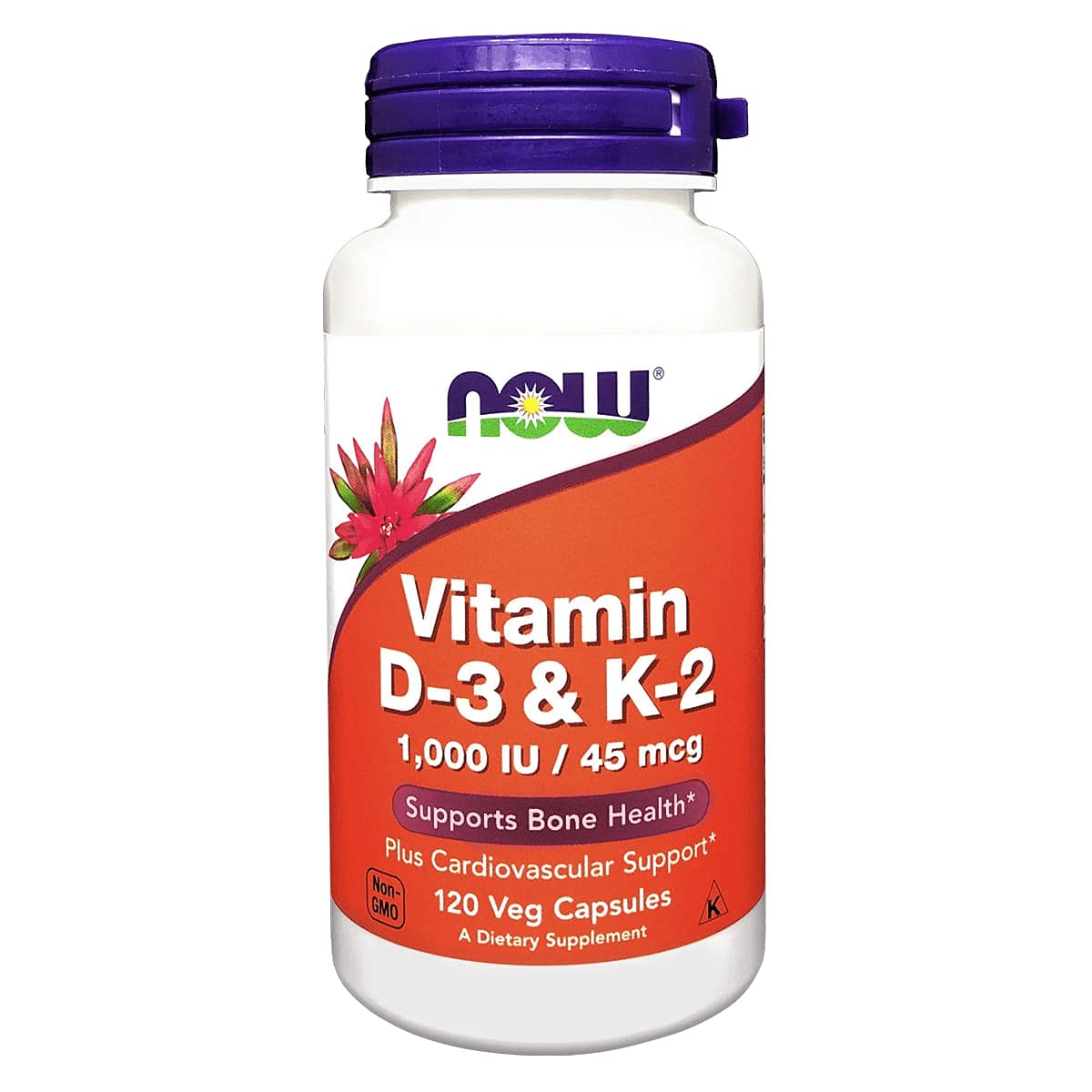 NOW Foods Vitamin D-3 & K-2 vegan capsules bottle for daily use.