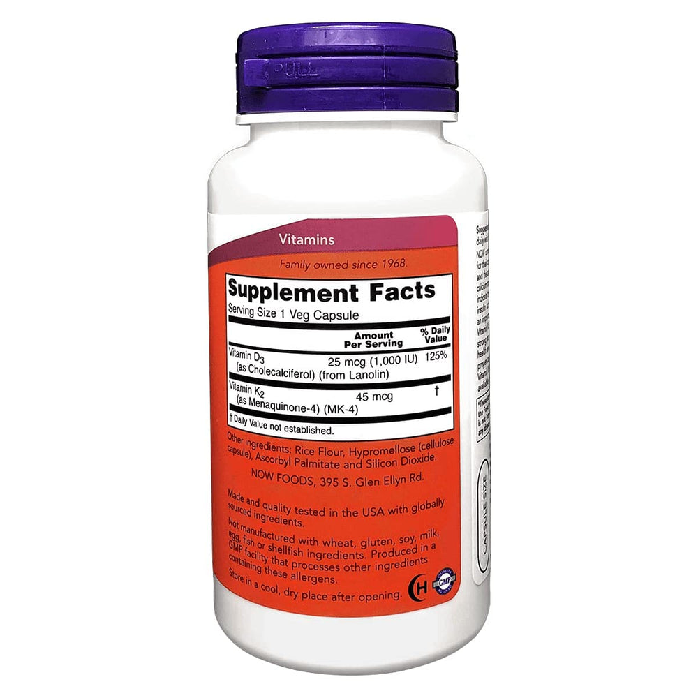 NOW Foods Vitamin D-3 & K-2 capsules close-up highlights vegan form.