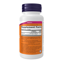 NOW Foods Vitamin D-3 softgels bottle side label showing ingredients and certifications.