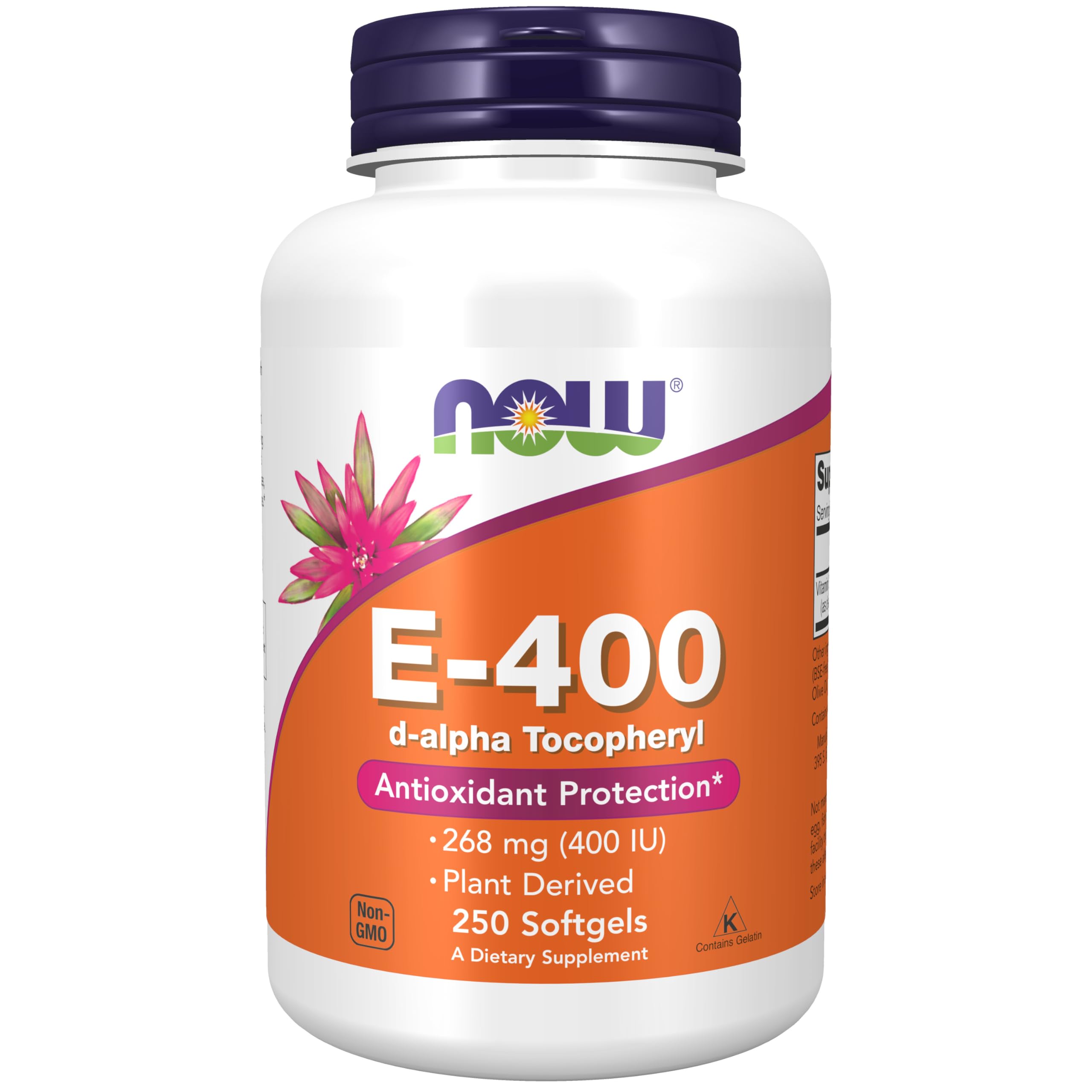 NOW Foods Vitamin E-400 IU bottle front for antioxidant support and easy daily dosing.