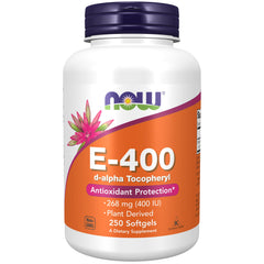 NOW Foods Vitamin E-400 IU bottle front for antioxidant support and easy daily dosing.
