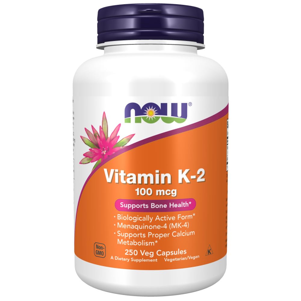NOW Foods Vitamin K-2 bottle front showing label and cap; may support bone matrix formation.