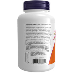 NOW Foods Vitamin K-2 label details; GMP quality and certifications highlighted.