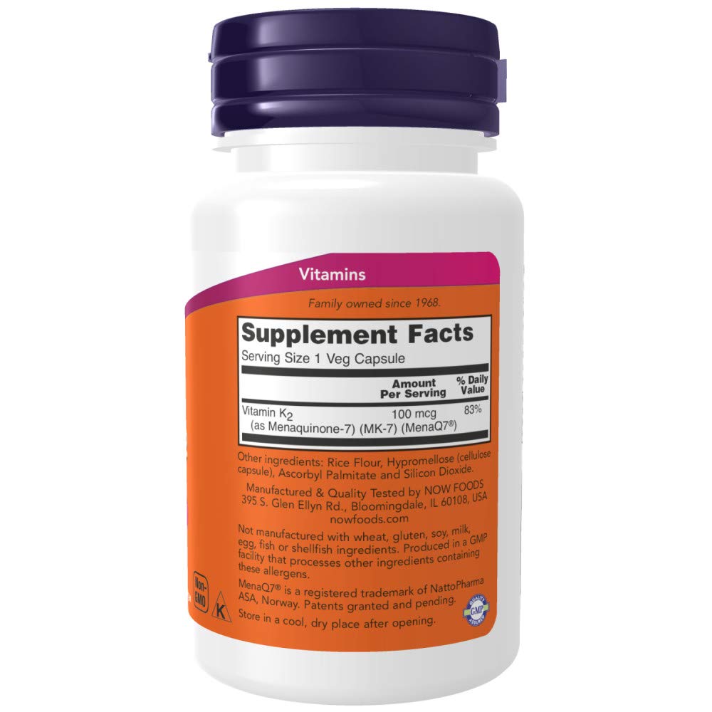 NOW Foods Vitamin K-2 MK7 bottle back showing vegan and non-GMO certification for clean daily use.