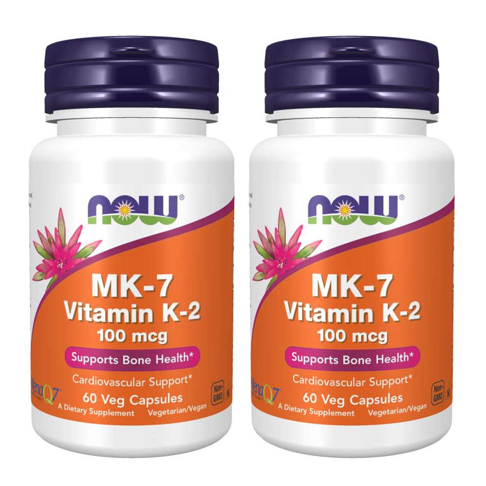 NOW Foods Vitamin K-2 MK7 bottle front with 100 mcg dosage for bone health.