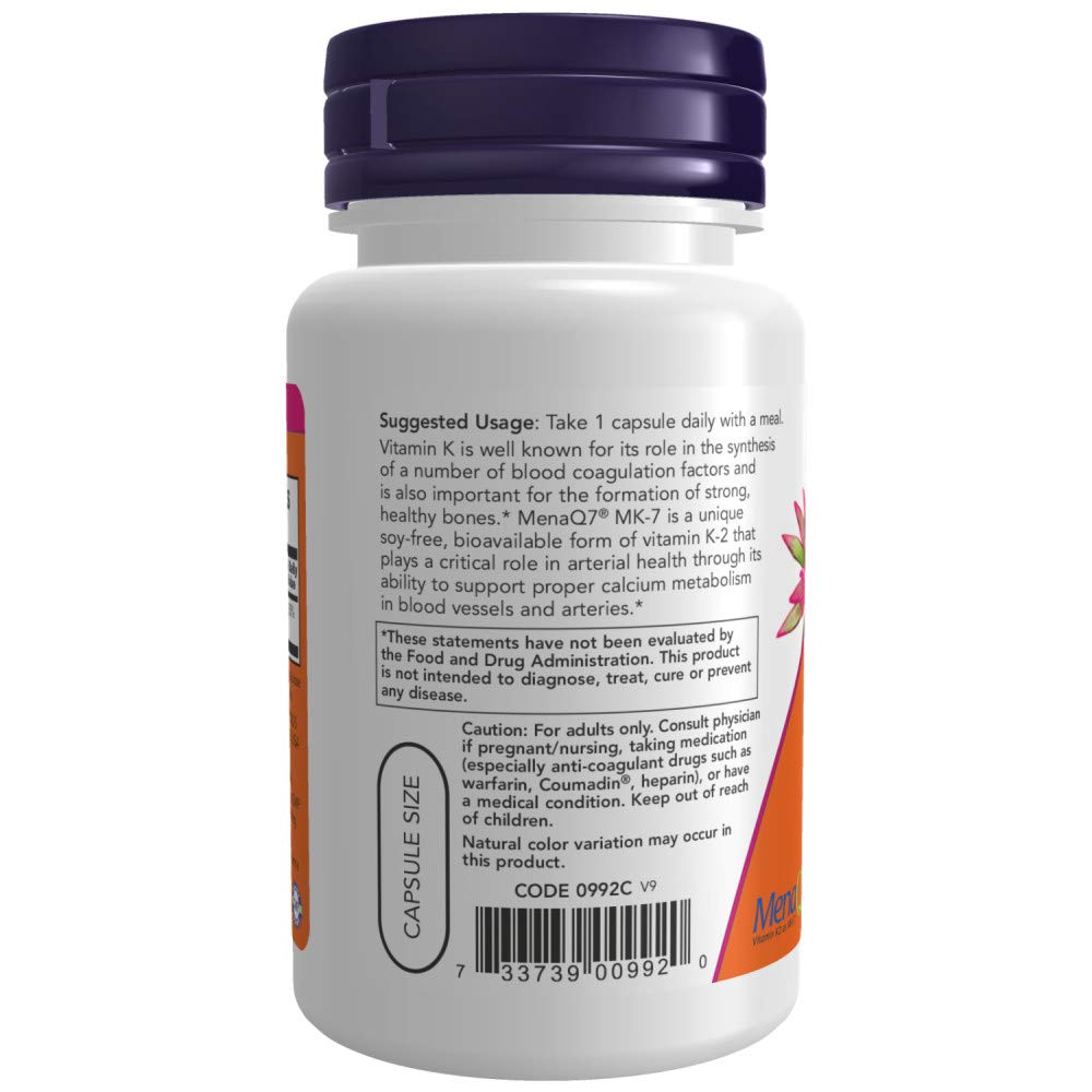 NOW Foods Vitamin K-2 MK7 capsules closeup, vegan capsules for bone support.