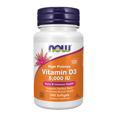 NOW Foods Vitamina D3 5000 UI, cápsulas blandas en botella, apoyo potencial diario.