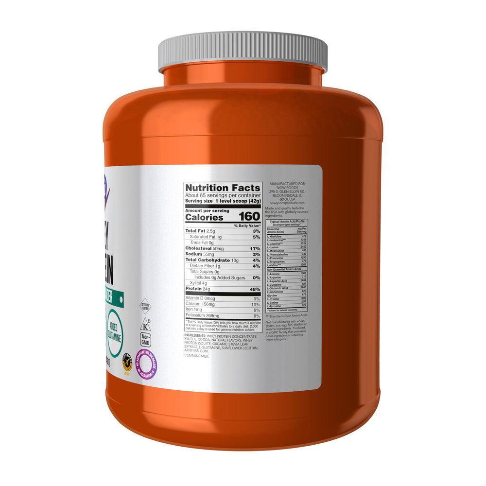 NOW Foods whey protein label highlights BCAAs and glutamine per serving