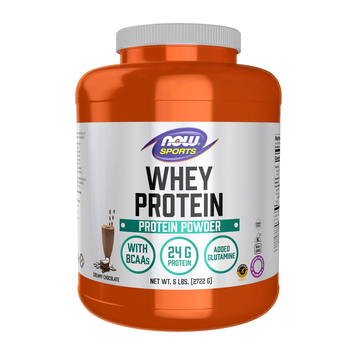NOW Foods whey protein powder in creamy chocolate ready for a shake