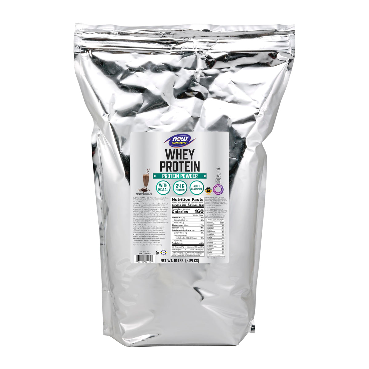 NOW Foods Whey Protein Creamy Chocolate bottle label highlights high BV and amino acid profile