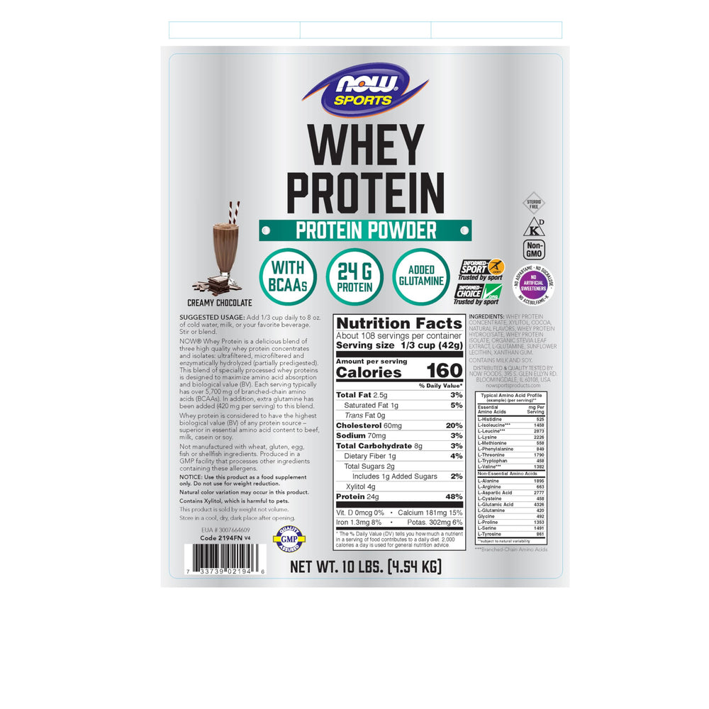 NOW Foods Whey Protein creamy chocolate powder scoop shows 24 g protein per serving