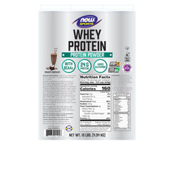 NOW Foods Whey Protein creamy chocolate powder scoop shows 24 g protein per serving