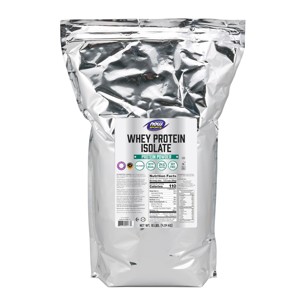 NOW Foods Whey Protein Isolate bag front shows unflavored powder ideal for everyday shakes