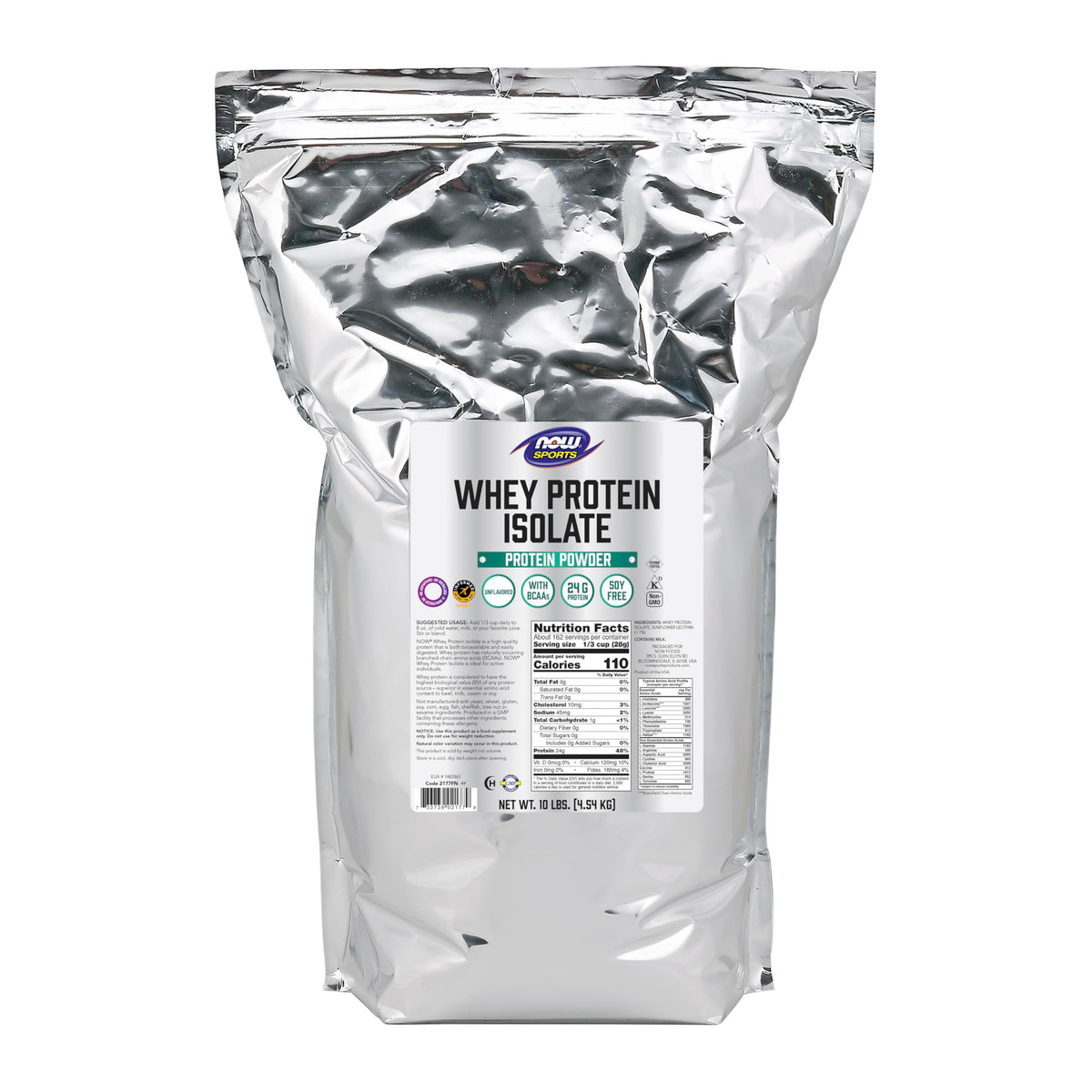 NOW Foods Whey Protein Isolate bag front shows unflavored powder ideal for everyday shakes