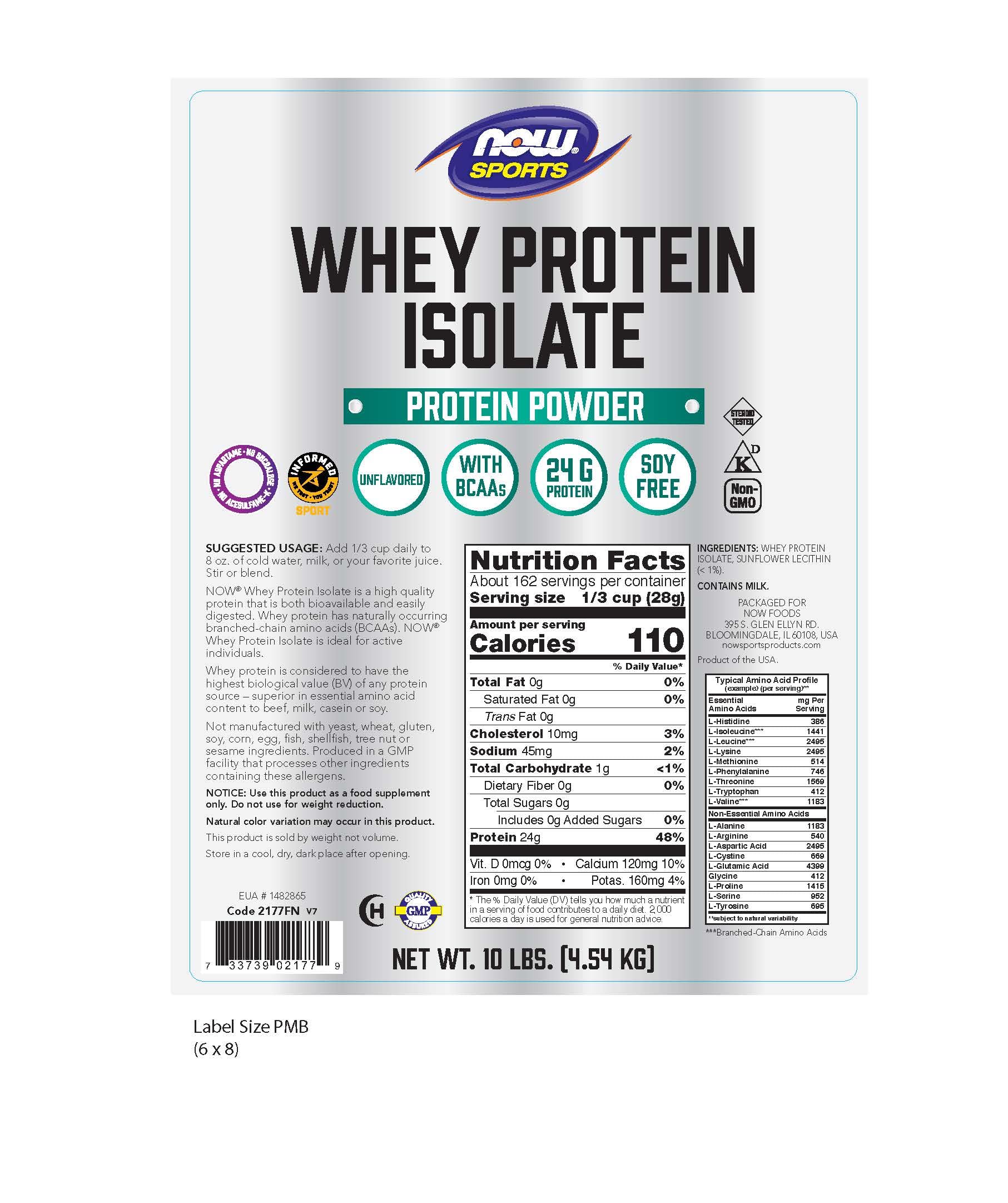 Close-up of NOW Foods Whey Protein Isolate label highlighting BCAAs and protein quality