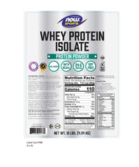Close-up of NOW Foods Whey Protein Isolate label highlighting BCAAs and protein quality