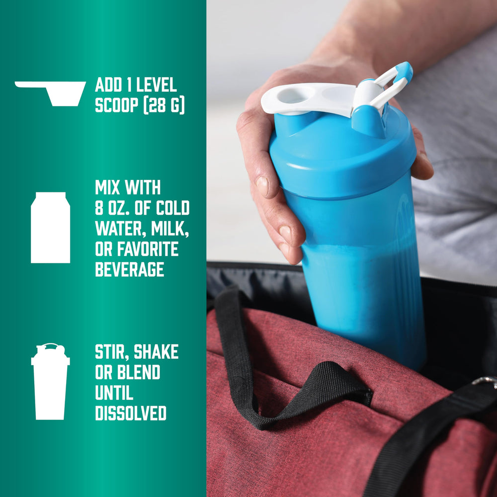 Powder being poured from NOW Foods Whey Protein Isolate into a shaker