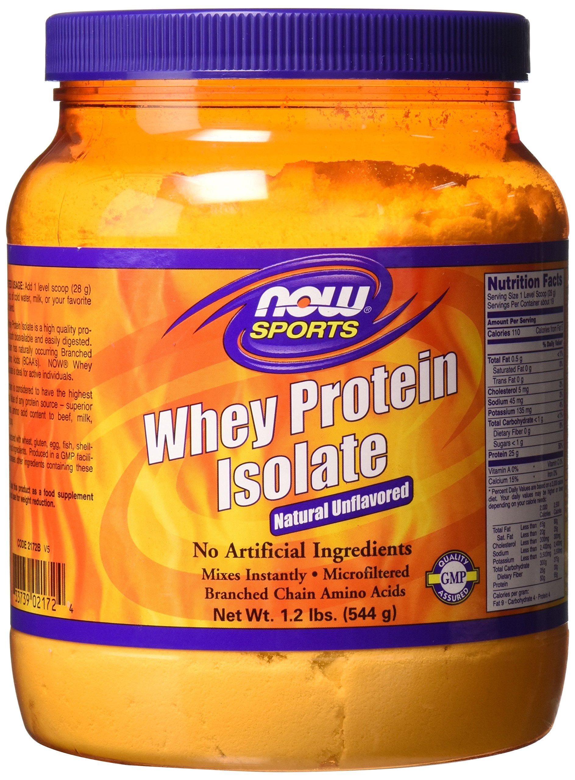 NOW Foods Whey Protein Isolate unflavored powder in a 1.2 lb bag for versatile everyday use.