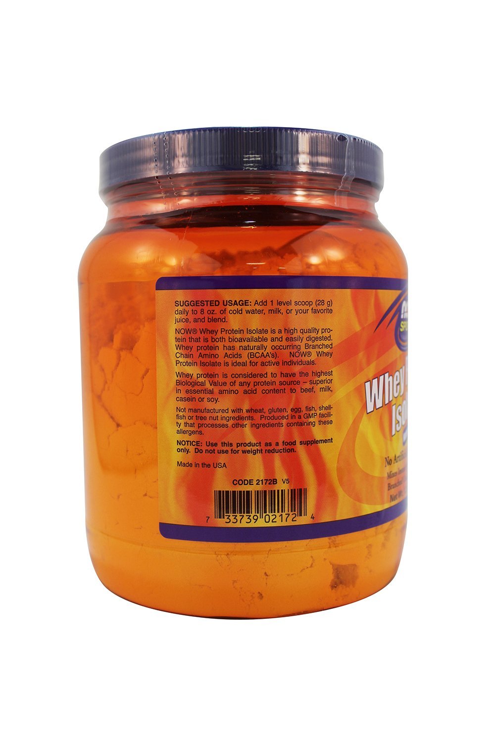 NOW Foods label close-up showing purity and unflavored formulation.