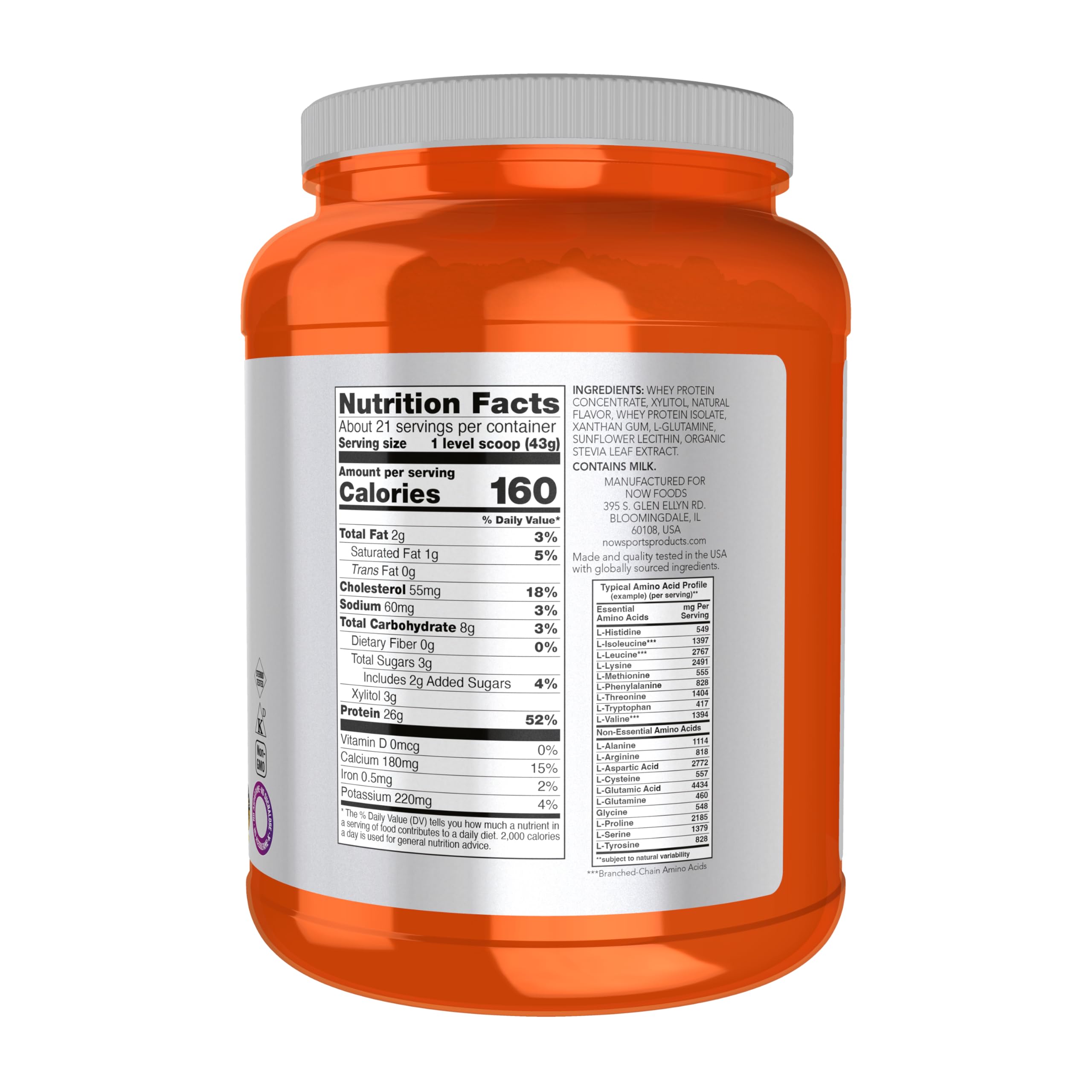 NOW Foods Whey Protein scoop highlighting protein per serving for daily muscle maintenance