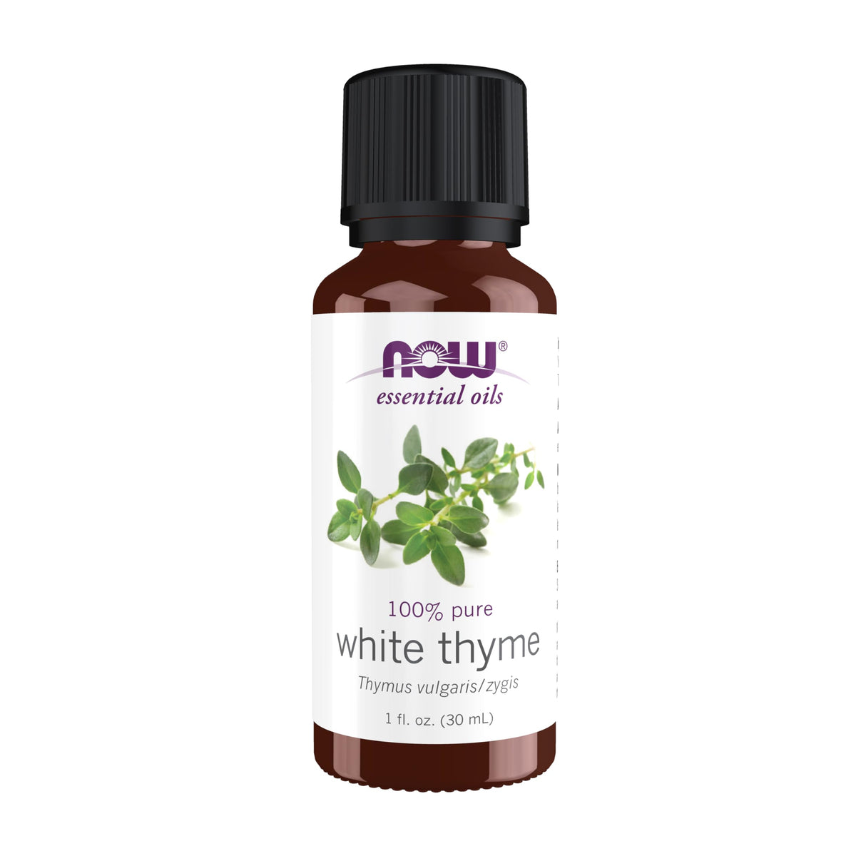 NOW Foods White Thyme oil bottle for uplifting ambiance.