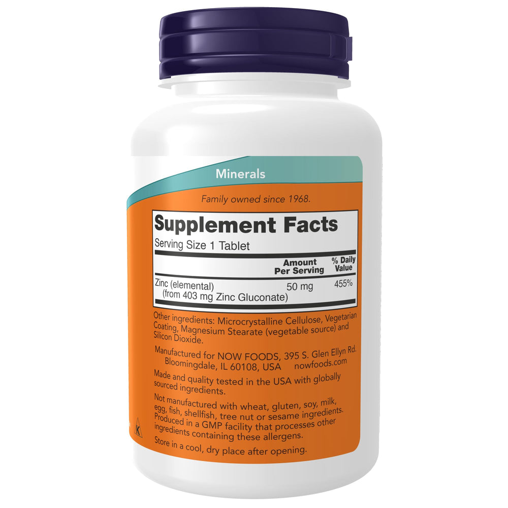 NOW Foods bottle pouring zinc tablets, easy daily dosing on the go