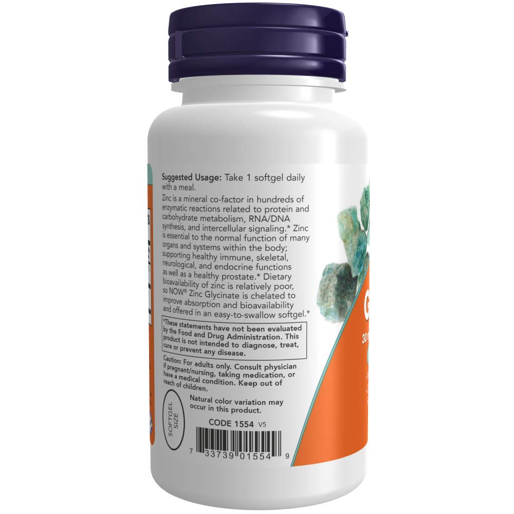NOW Foods Zinc Glycinate with pumpkin seed oil label highlighting the formula.