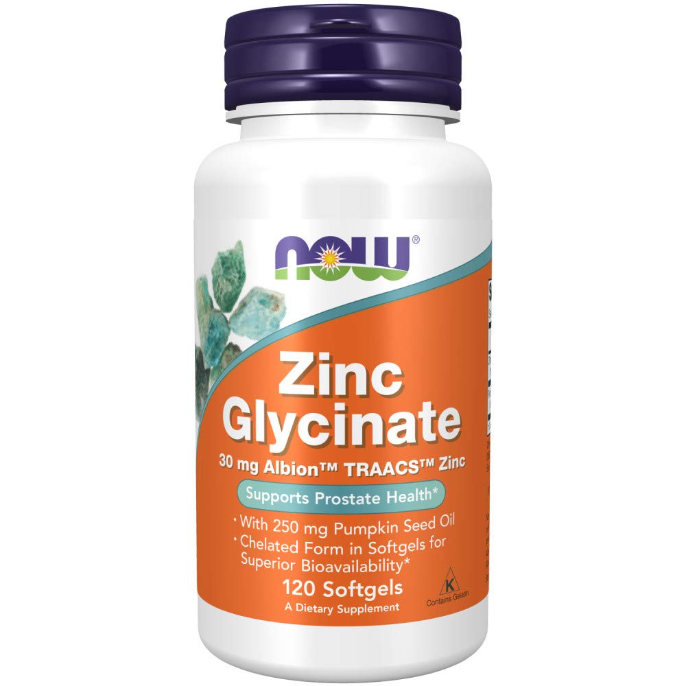NOW Foods Zinc Glycinate with Pumpkin Seed Oil softgels on bottle; potential support for prostate health.