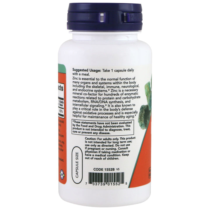 NOW Foods Zinc Picolinate bottle side label GMP Quality Assured.