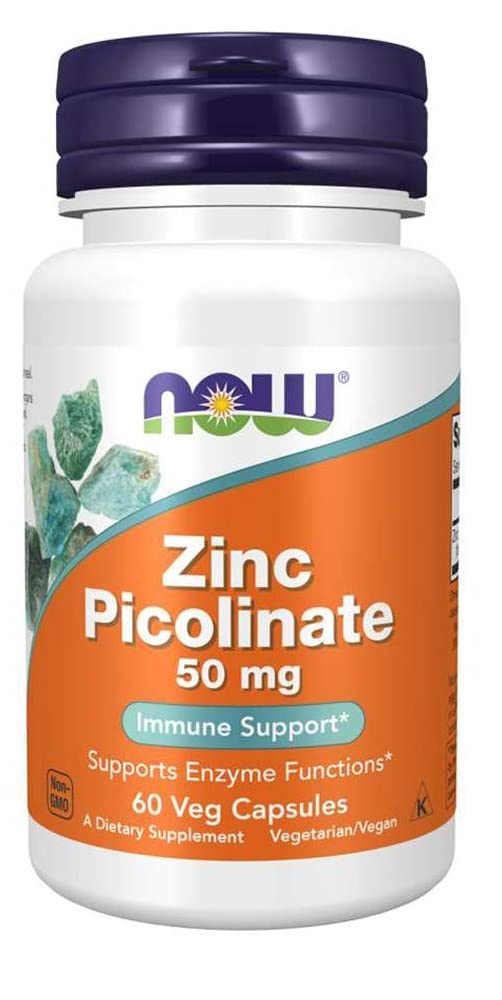 NOW Foods Zinc Picolinate 50mg bottle; capsules visible; supports enzyme function