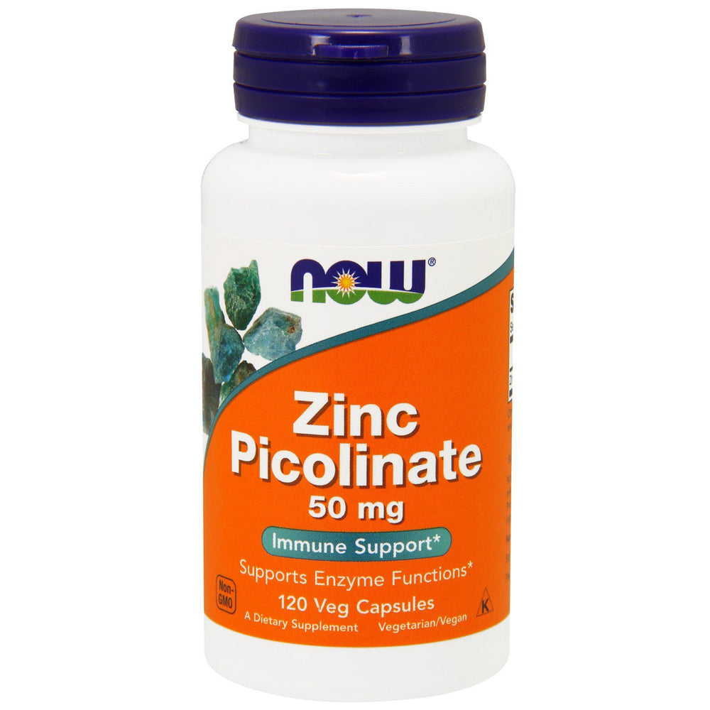 NOW Foods Zinc Picolinate 50 mg capsules close-up showing vegetarian capsules.