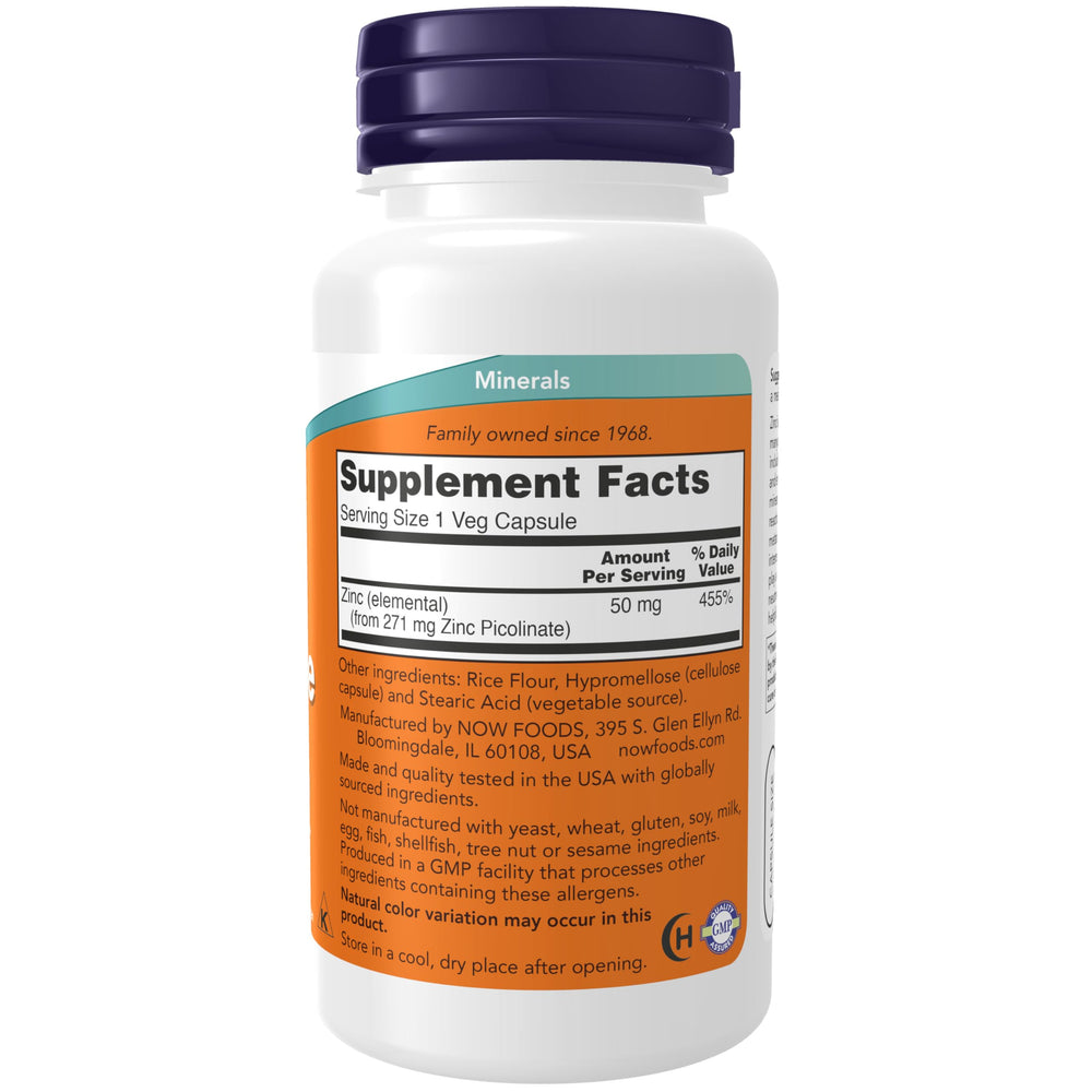 Close-up of NOW Foods Zinc Picolinate capsules for daily use