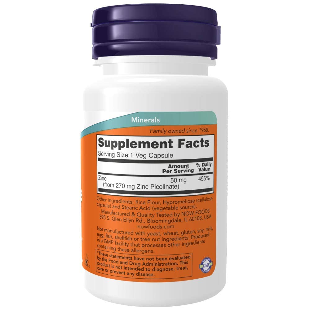 NOW Foods Zinc Picolinate capsules close-up; daily support potential