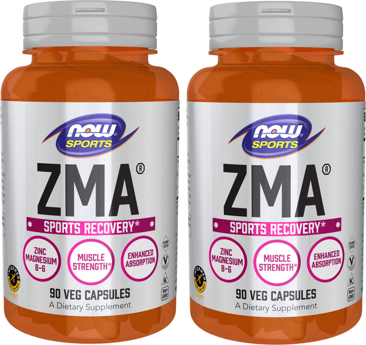 NOW Foods ZMA two-bottle pack on shelf for potential nightly recovery.