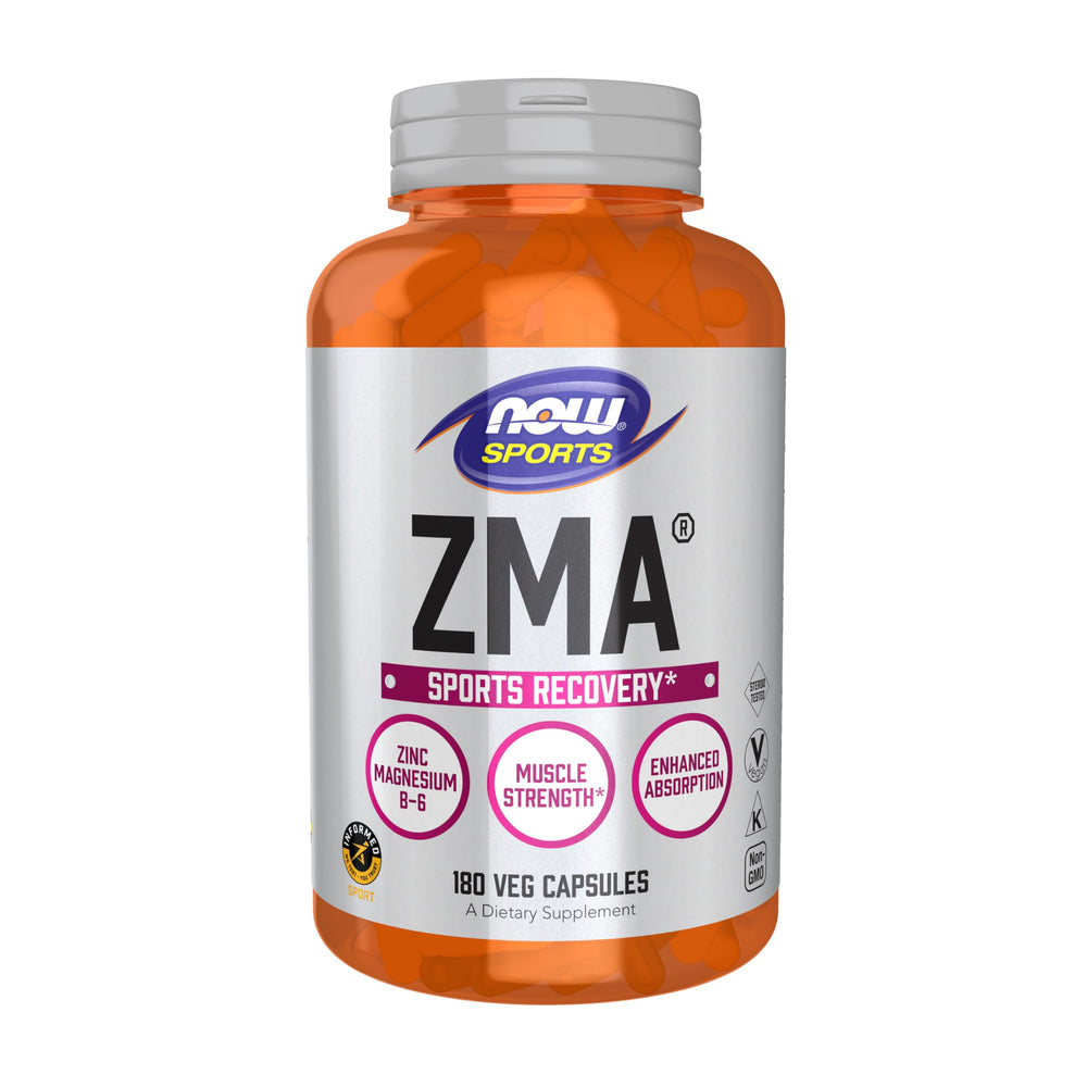 NOW Foods ZMA bottle closeup highlighting minerals for post-exercise recovery