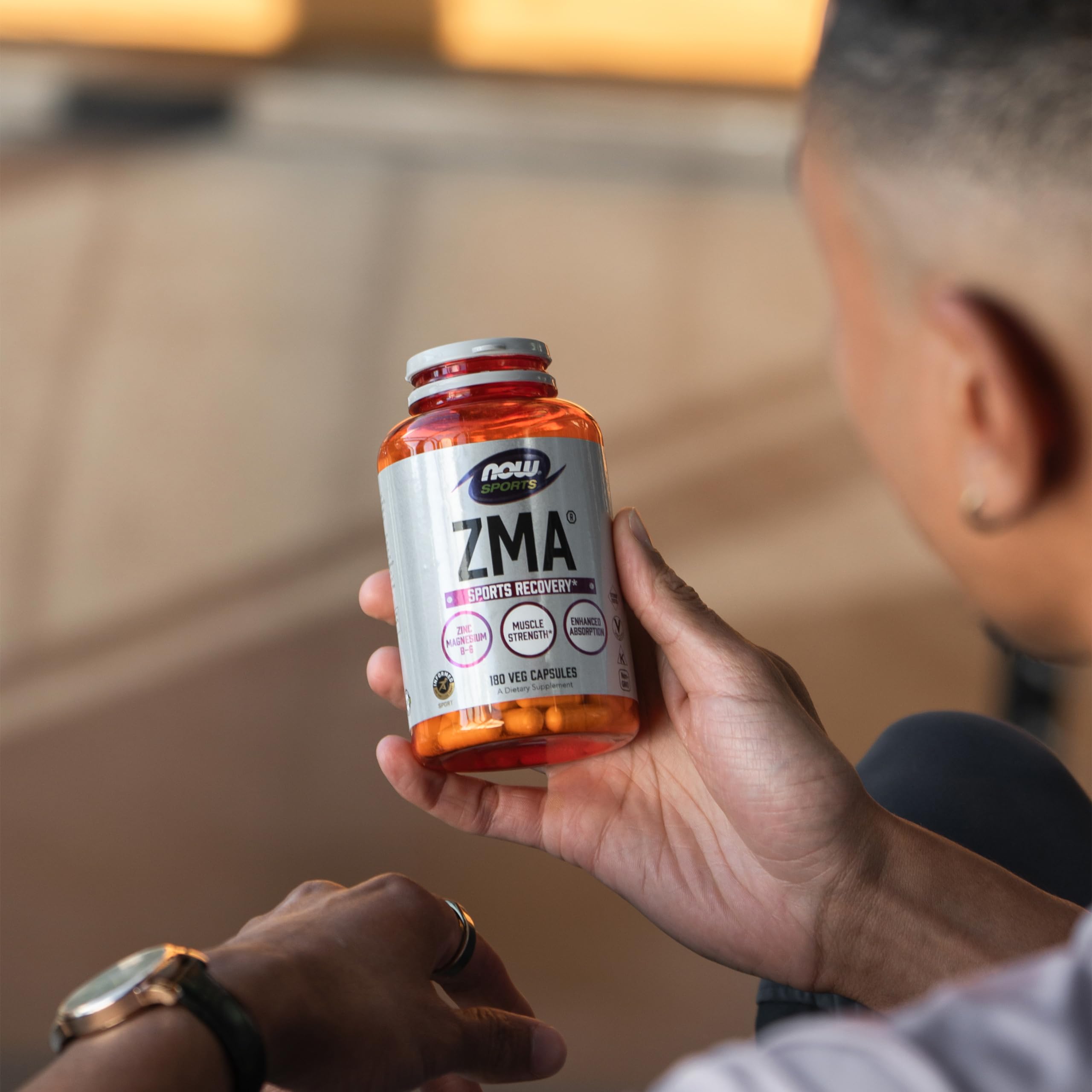 NOW Foods ZMA bottle on a workout mat suggesting timing after training