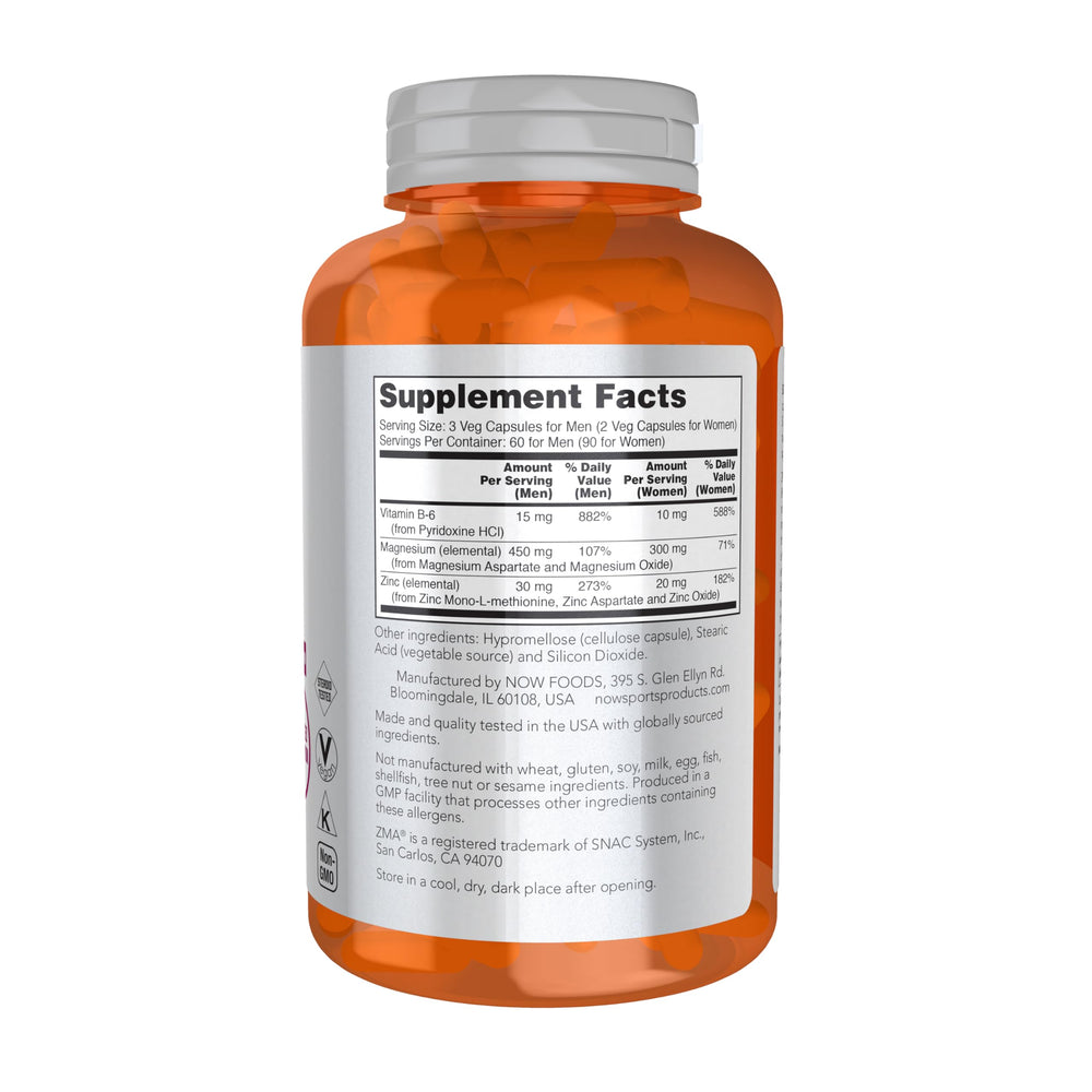 NOW Foods ZMA label detail shows zinc, magnesium and B6 ingredients