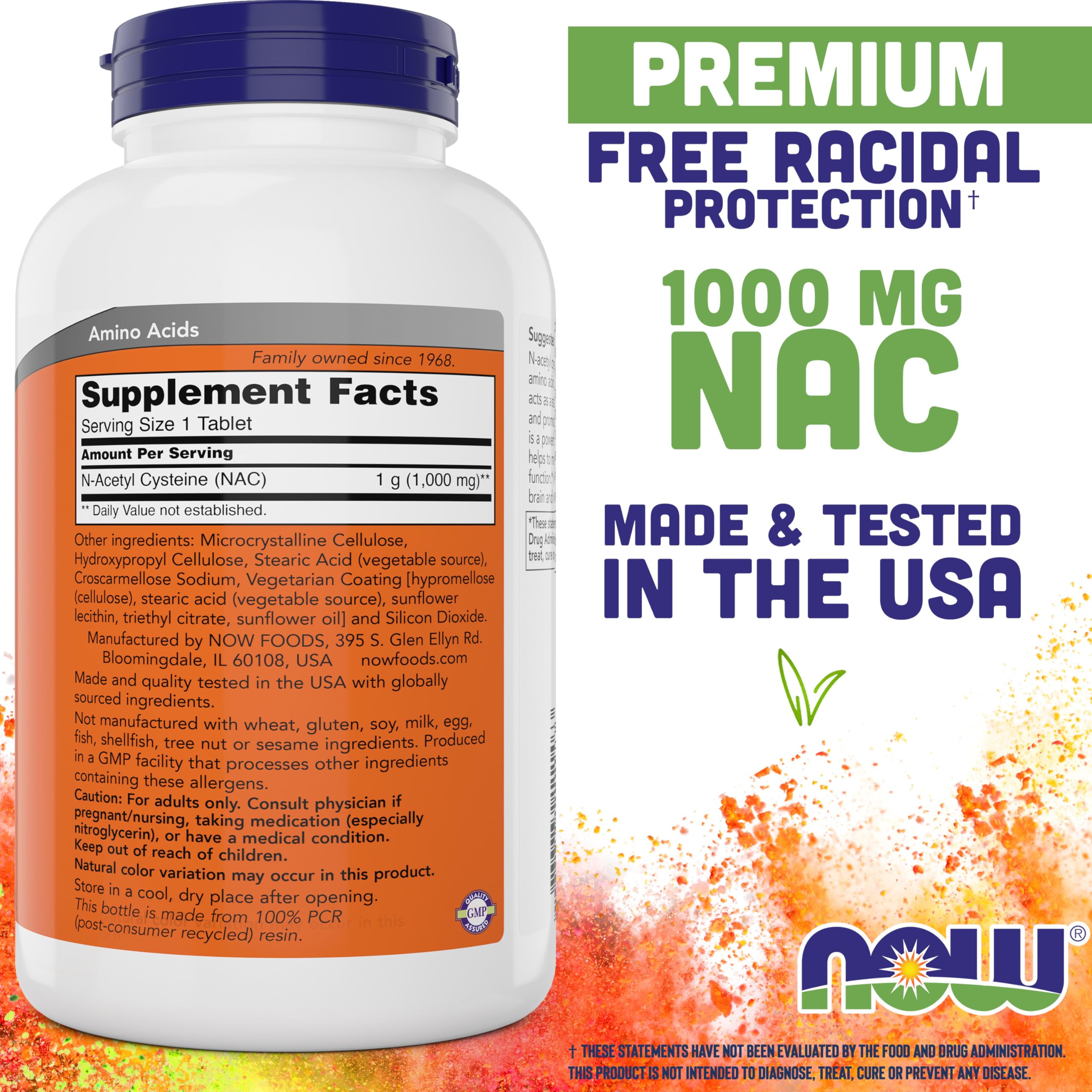 NOW NAC bottle label closeup—non-GMO vegan formula for purity.
