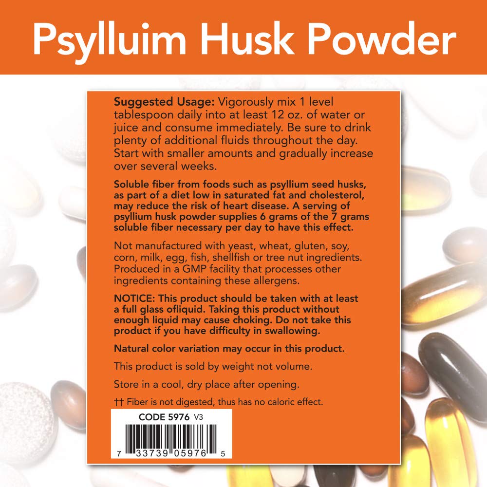 NOW Foods psyllium husk powder GMP quality label on packaging