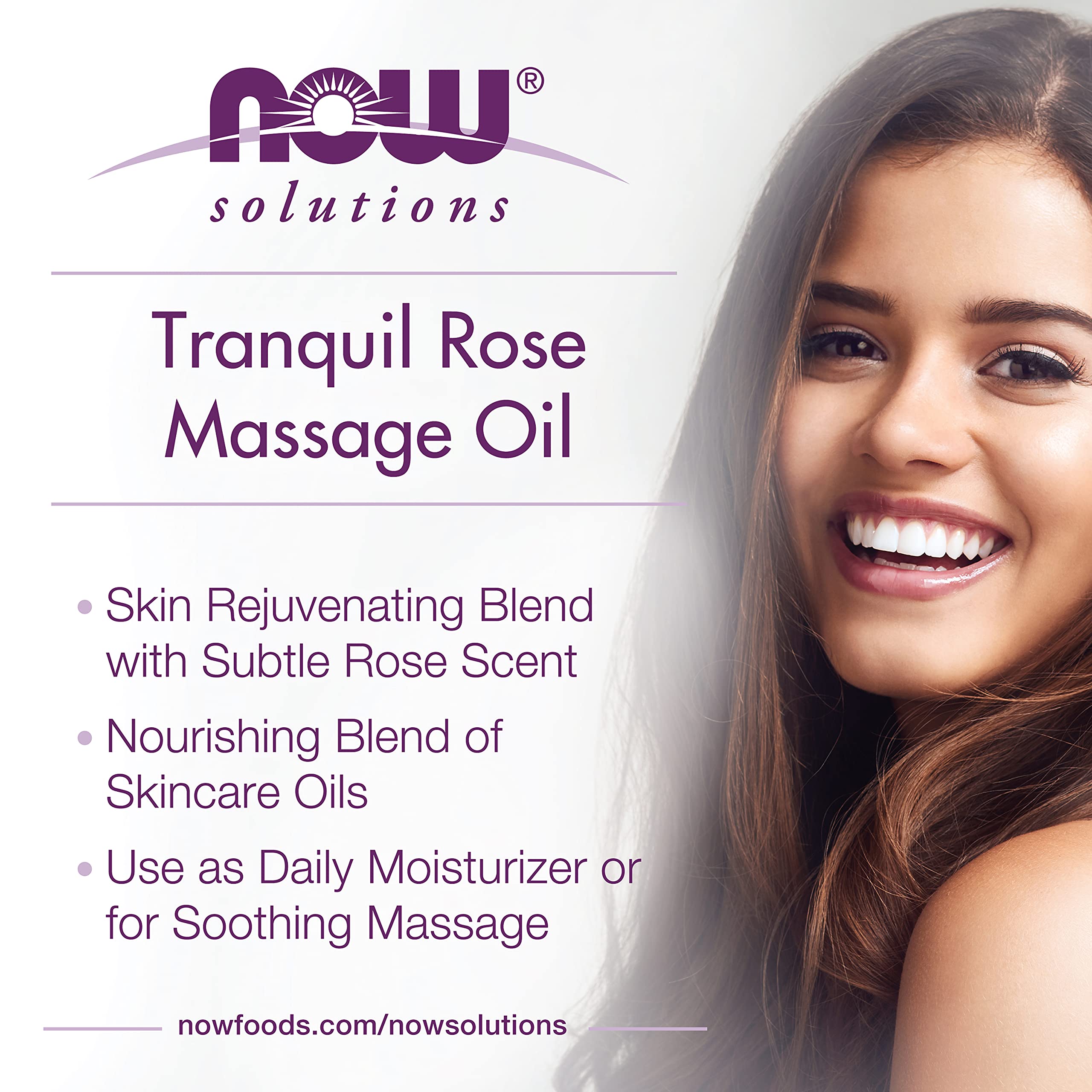 NOW Foods Tranquil Rose Massage Oil aromatherapy scene conveys soothing rose scent.