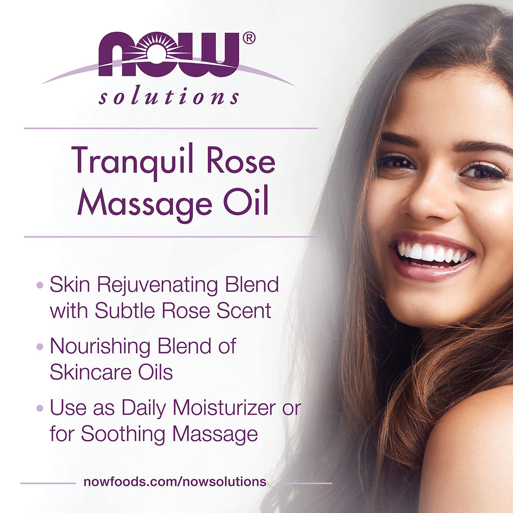NOW Foods Tranquil Rose Massage Oil aromatherapy scene conveys soothing rose scent.