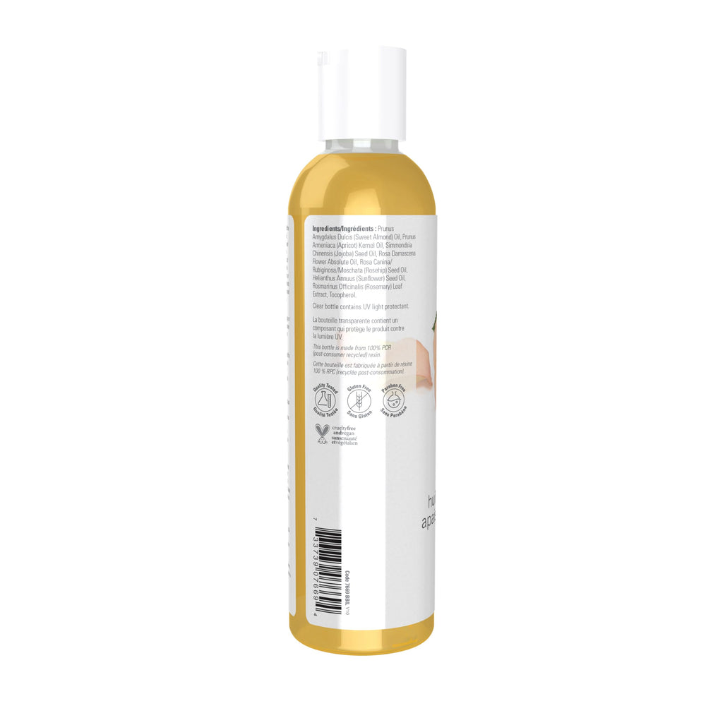NOW Foods Tranquil Rose Massage Oil ingredients list highlights jojoba and almond oils.