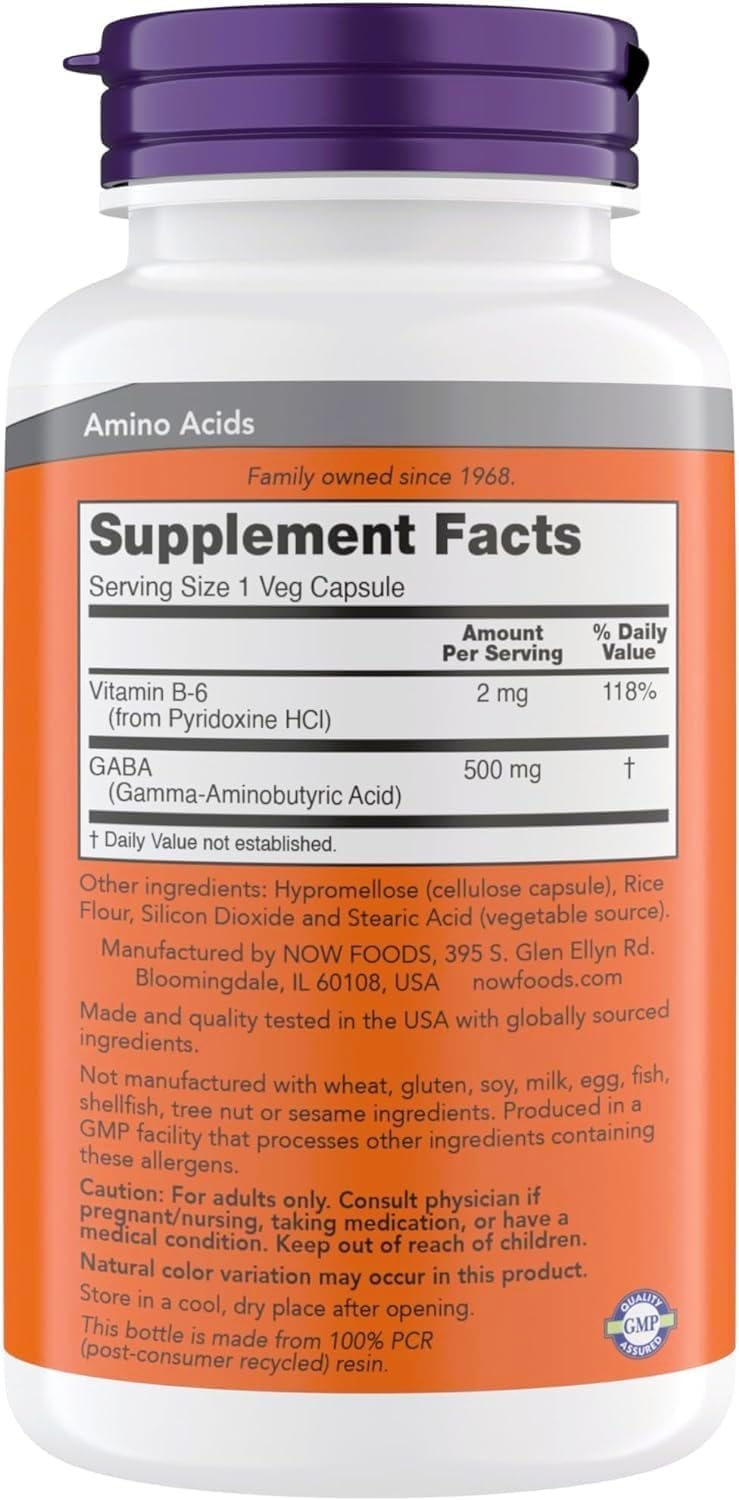 NOW GABA label closeup shows vegan and kosher formulation for mindful rest.