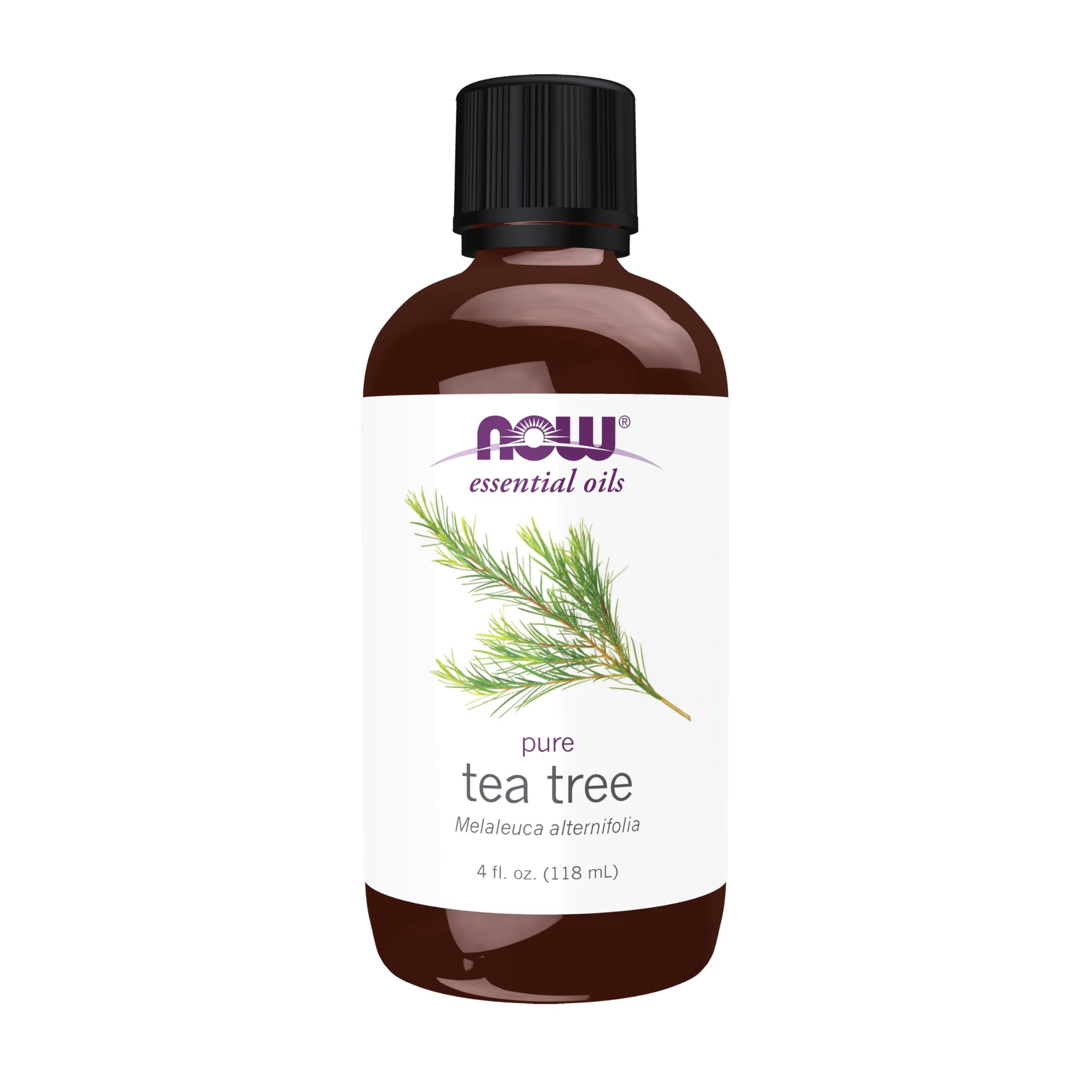 NOW Foods Tea Tree Oil bottle close-up highlighting purity for diffusion.