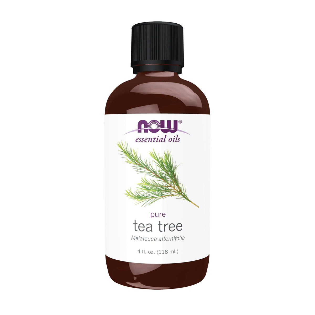 NOW Foods Tea Tree Oil bottle close-up highlighting purity for diffusion.