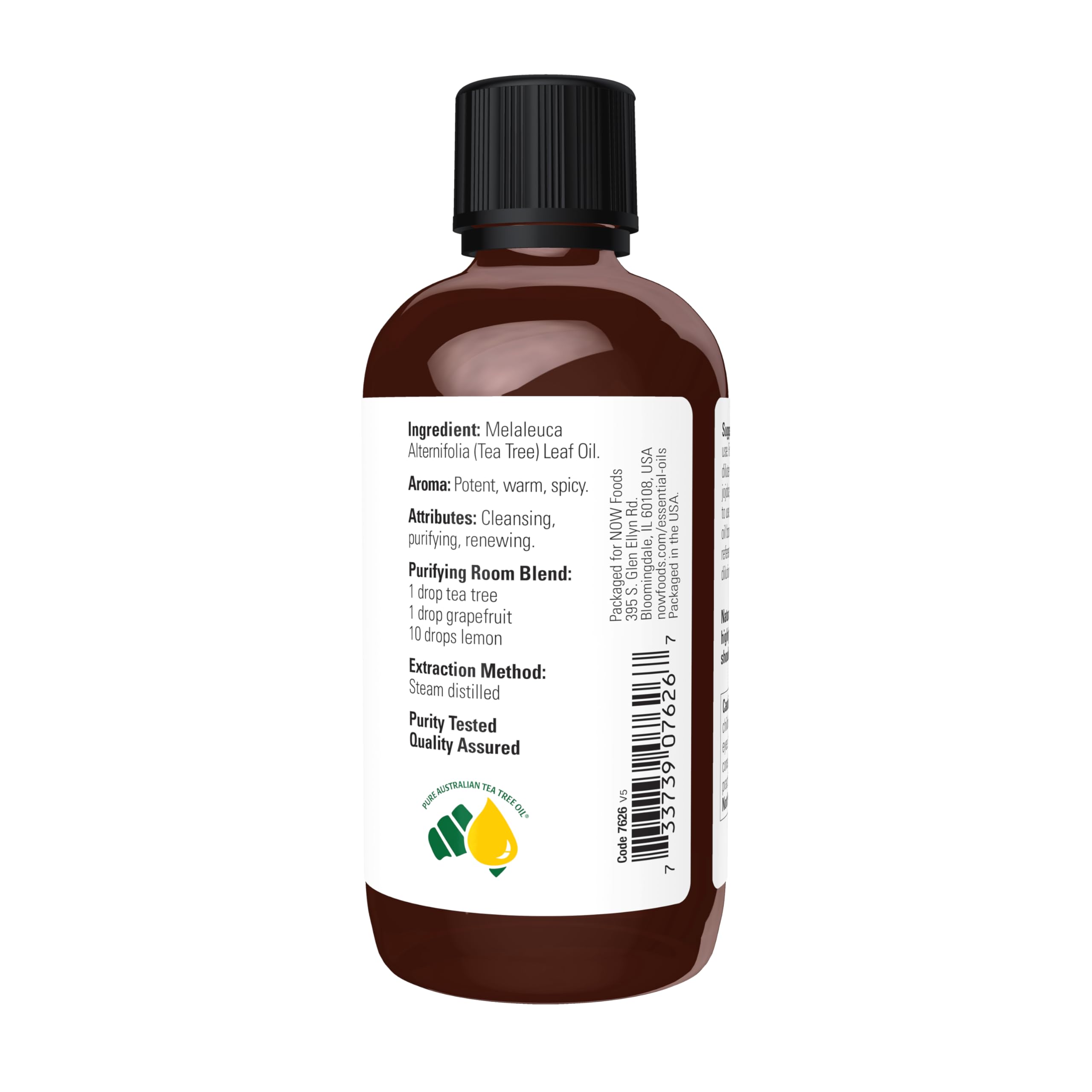 NOW Foods Tea Tree Oil cap and bottle illustrating easy, secure storage.