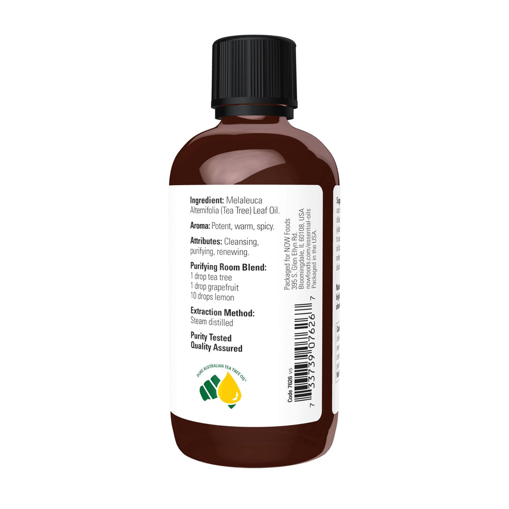 NOW Foods Tea Tree Oil cap and bottle illustrating easy, secure storage.